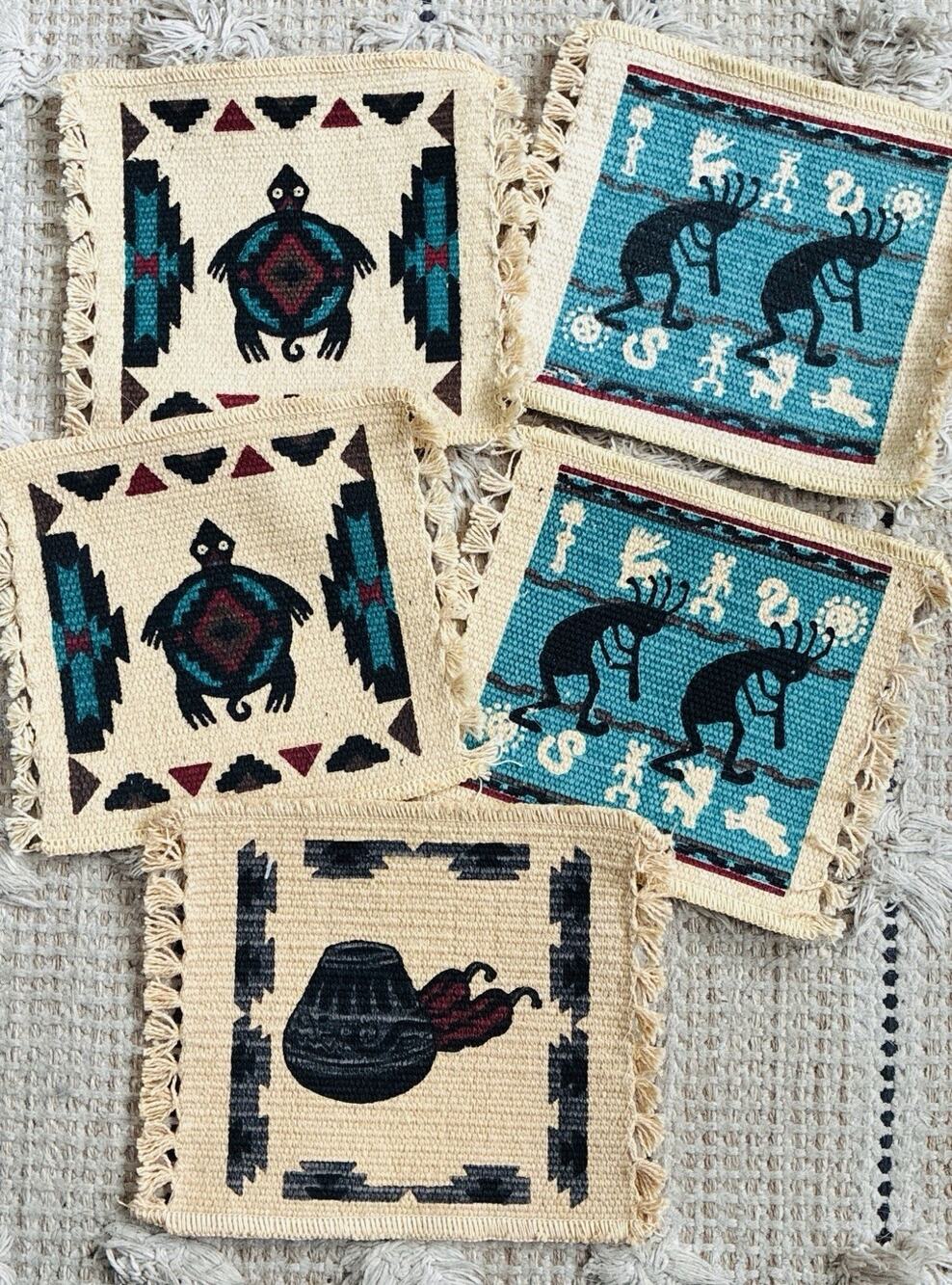 Set of 5 Woven Coasters Small Southwest Aztec Native Am Style Mats 4-5”